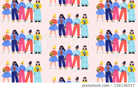 International Womens Day seamless pattern background with interracial women holding flower bouquets 8 March illustration 136136557