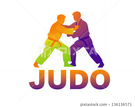Judo emblem with typography text and fighting judokas athletes, vibrant colorful label  136136571