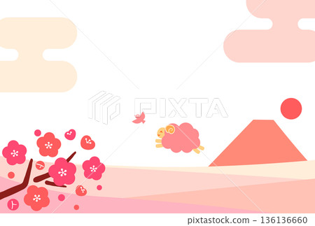 粉紅色橫版背景素材（無文字），適用於新年賀卡，圖案為一隻微笑的綿羊在富士山和盛開的梅花背景下跳躍。 136136660