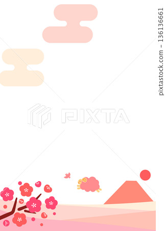 Vertical background material (without text) for New Year's cards, featuring a smiling sheep jumping in a landscape of Mount Fuji and blooming plum blossoms Vertical background material (without text) for New Year's cards, featuring a smiling sheep jumping in a landscape of Mount Fuji and blooming plum blossoms 136136661