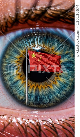 A detailed close-up of a human eye featuring a vibrant blue and yellow iris, reflecting the national flag of China on a flagpole within its pupil, symbolizing observation and global influence. A detailed close-up of a human eye featuring a vibrant blue and yellow iris, reflecting the national flag of China on a flagpole within its pupil, symbolizing observation and global influence. 136136674