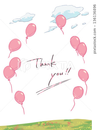 [Vertical] A hand-drawn message card with pink balloons and a meadow to express gratitude 136136896
