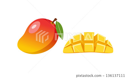 Bright ripe mango illustration showing whole fruit with leaf and neatly cut golden cubes fresh juicy tropical food 136137111