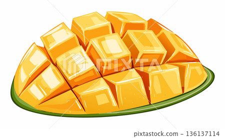 Tropical mango fruit illustration featuring juicy cube cut pieces and shiny peel ideal for healthy food 136137114