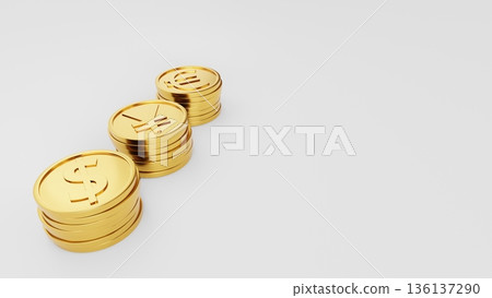 Dollar, yen, and euro gold coins on the left side of a white background and a large blank space on the right side. Asset formation, installment investment, and global money planning 136137290