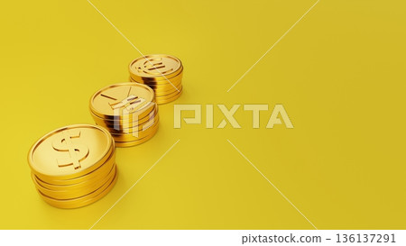 黃色背景，左側是美元、日圓和歐元金幣，右側是白色區域。象徵著繁榮、好運和美元資產的積極累積。 136137291