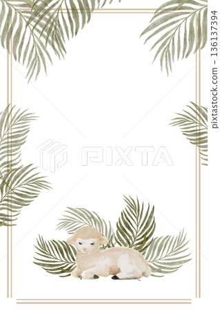 Seamless pattern with lamb and palm leaves, hand-painted watercolor, calm Christian composition for Easter design, faith branding, textiles, packaging, stationery, seasonal backgrounds. Natural tones 136137394
