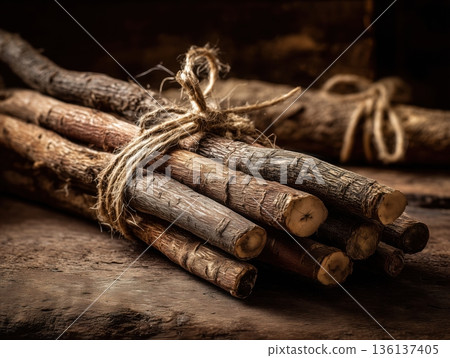 牛蒡根用麻繩捆紮的3D靜物食物插圖 136137405