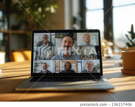 在家工作中使用筆記型電腦進行線上會議的 3D 插圖 136137406
