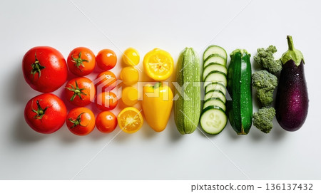 夏季蔬菜的平鋪3D插圖，依顏色排列 136137432