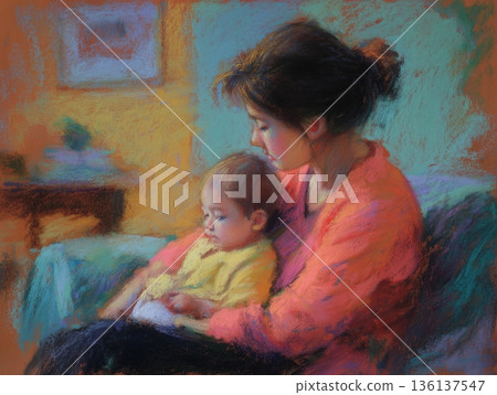 A tender moment between mother and baby on the sofa 136137547