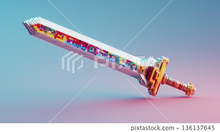 Retro 8-bit style voxel sword icon 3D illustration 136137645