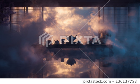 Still life of steaming tea set and shoji screen 3D illustration Still life of steaming tea set and shoji screen 3D illustration 136137758