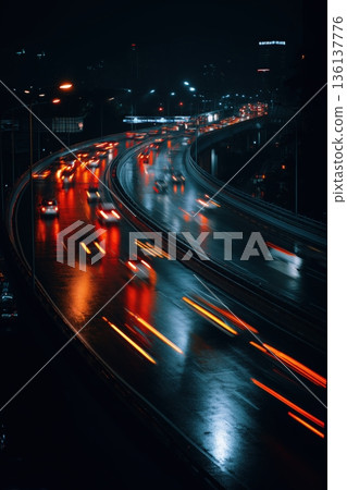 雨夜高速公路和燈光軌跡 3D 城市夜景插圖 136137776