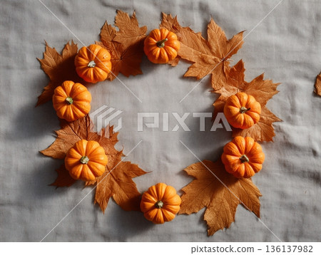 秋葉和南瓜花環俯拍圖 136137982