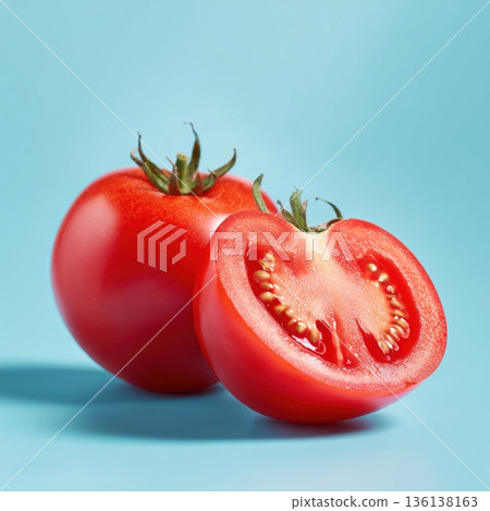 藍色背景上的完整和橫截面番茄的特寫3D插圖 136138163