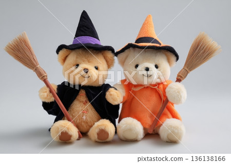Teddy bears in witch and wizard costumes and brooms 3D illustration 136138166