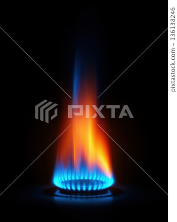 黑色背景上的藍色氣體火焰升騰，3D插圖 136138246