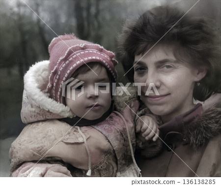 A vintage portrait of a mother and daughter on a walk. The happy mother holds her baby in her arms. Retro photo from 1995. A vintage portrait of a mother and daughter on a walk. The happy mother holds her baby in her arms. Retro photo from 1995. 136138285