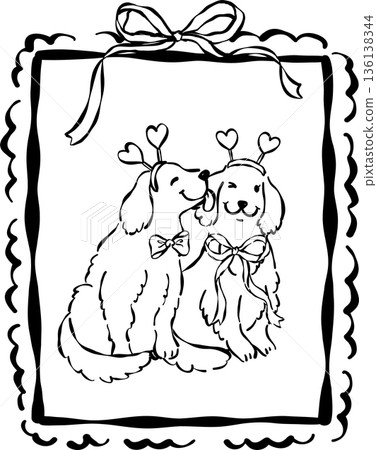 Cute Valentine Dogs Golden Retriever Outline Happy Couple in Vintage Frame Whimsical Hand Drawn 136138344