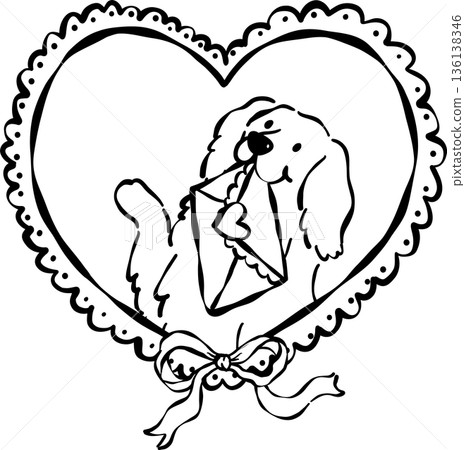 Cute Valentine Dog Golden Retriever Outline with Love Letter in Heart Vintage Frame Whimsical Hand Drawn 136138346