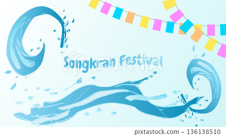 Songkran Thai New Year Water Festival Splash Vibrant flowers and joyful. For ads, web design, marketing. Vector illustration. Songkran Thai New Year Water Festival Splash Vibrant flowers and joyful. For ads, web design, marketing. Vector illustration. 136138510