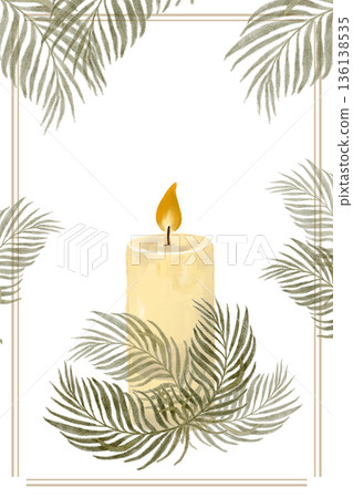 Watercolor poster with glowing candle, framed by palm leaves, warm neutral palette and calm composition, ideal for wellness branding, spa decor, meditation prints, invitations and serene interiors Watercolor poster with glowing candle, framed by palm leaves, warm neutral palette and calm composition, ideal for wellness branding, spa decor, meditation prints, invitations and serene interiors 136138535