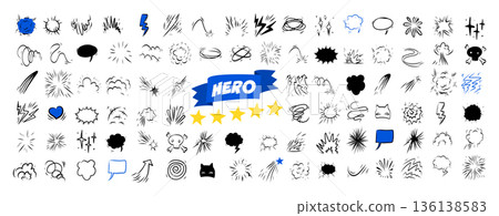 Comic effect manga elements set in black ink on white background. Hand drawn doodle bursts, speed lines, speech 136138583