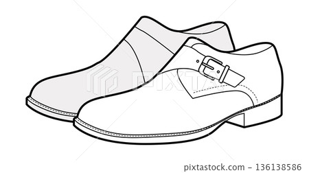 Monkstrap mens buckle shoes sketch pair. Single strap leather footwear with modern formal smart casual style.  136138586