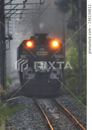 Running powerfully through the Kinugawa River in the morning mist... "SL Taiju" C11207 136138611