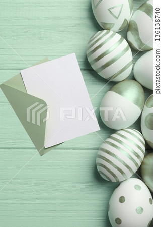 Easter greeting card with decorated eggs 136138740