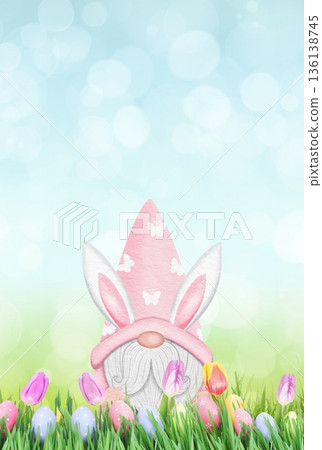 Easter gnome wearing bunny ears in spring garden 136138745