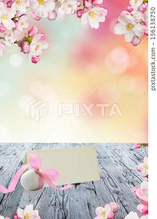 Easter spring blossom background with greeting card and egg 136138750