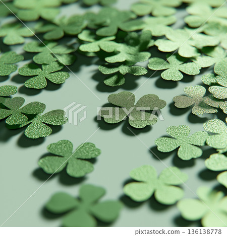 Green Shamrock Clover Confetti Background Flat Lay St Patrick's Day Festive Texture 136138778