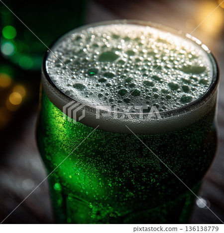 Green Beer in Pint Glass with Foam and Bubbles Close Up St Patrick's Day Bar Drink 136138779