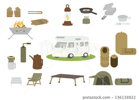 Set illustration of camper van and camping gear Set illustration of camper van and camping gear 136138922