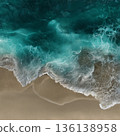 Aerial Ocean Waves Crashing on Sandy Beach Turquoise Water Top View Seascape Background Texture 136138958