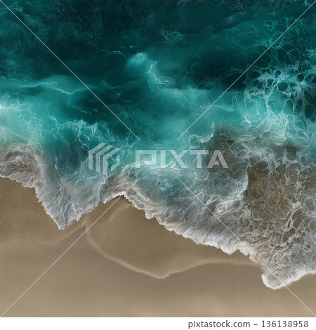 Aerial Ocean Waves Crashing on Sandy Beach Turquoise Water Top View Seascape Background Texture 136138958