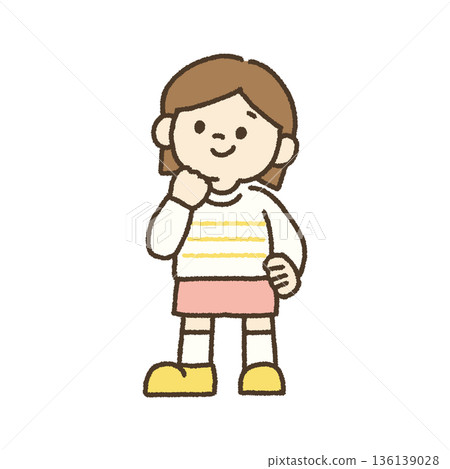 Hand-drawn illustration of a girl thinking with her hand on her chin Hand-drawn illustration of a girl thinking with her hand on her chin 136139028