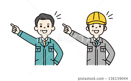 一組向量插圖，描繪了一位經理和一位戴著安全帽的現場工作人員，他們正在挑戰自我，並努力實現目標。 136139044