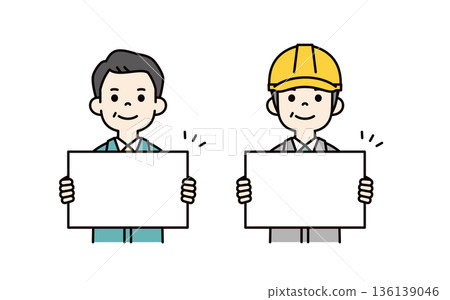 Vector illustration set of a manager and a field worker wearing a helmet holding a white flip chart 136139046