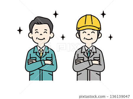 Vector illustration set of a president/manager and a site supervisor wearing a helmet, praising/impressing 136139047
