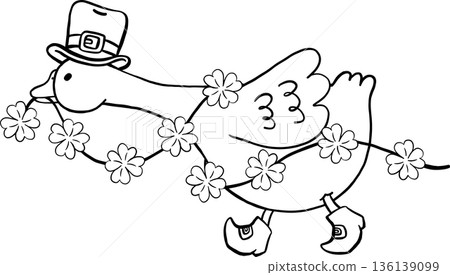 Cute Silly Goose St. Patrick day Outline Anxiety Running with Clover Leaf Garland Cartoon Hand Drawn 136139099
