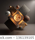 Abstract Floating Geometric Shapes with Glowing Sphere and Warm Cinematic Lighting 3D Modern Background 136139105