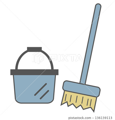 Simple illustration of a brush and bucket (cleaning, cleaning supplies, blue) 136139113