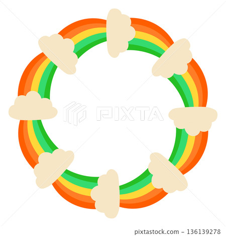 Whimsical St Patricks Day vector frame with rainbow elements arranged in circular wreaths. Cute flat design for holiday cards, posters, invitations, and festive decor. Whimsical St Patricks Day vector frame with rainbow elements arranged in circular wreaths. Cute flat design for holiday cards, posters, invitations, and festive decor. 136139278
