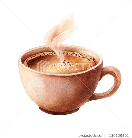 水彩風格的插圖，描繪了一杯熱咖啡盛裝在透明背景的咖啡杯中（png格式）。 136139291