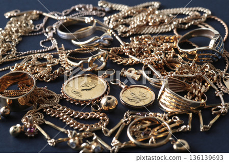 Group photo of precious metals, including gold, taken against a black background Group photo of precious metals, including gold, taken against a black background 136139693