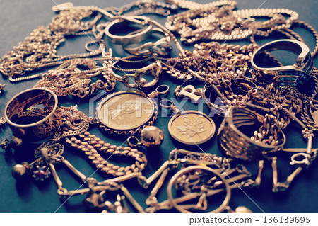 Group photo of precious metals, including gold, taken against a black background Group photo of precious metals, including gold, taken against a black background 136139695