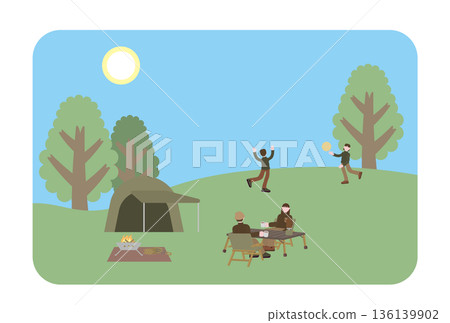在陽光明媚的日子裡，一家人在山上享受露營的樂趣。 136139902